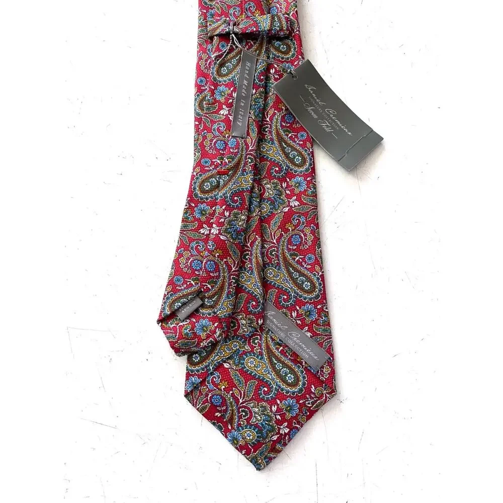 Daniel Cremieux Nwt Red Paisley Linen Silk Seven 7 Fold Hand Made Italy Neck Tie